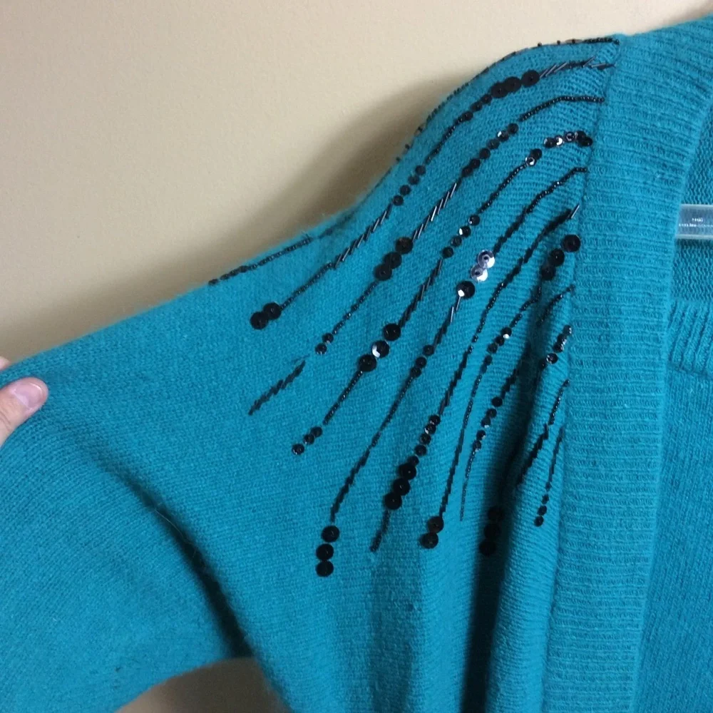 Vintage 80s silk and angora blend sweater skirt set. Teal. Medium.